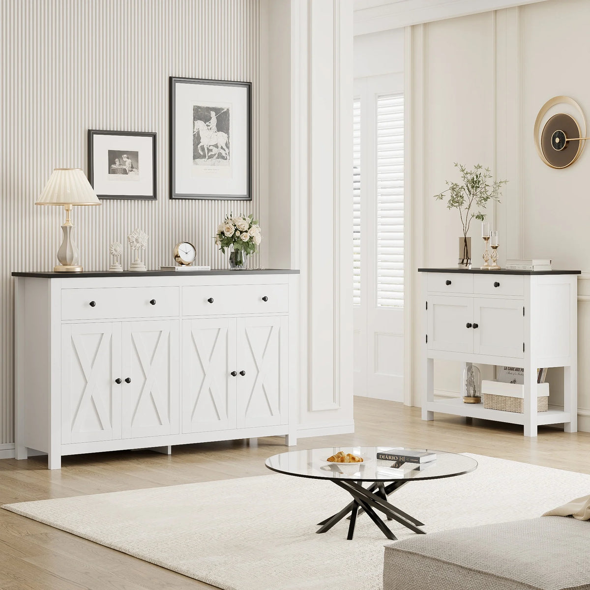 Homfa 55.1'' W Farmhouse Storage Cabinet, 4-Doors 2-Drawers Wood Sideboard with Adjustable Shelves for Kitchen Dining Room, White