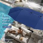 Summit Living 15 FT Double-Sided Solar Patio Umbrella with Base Large Outdoor Umbrella with LED Solar Lights - Haze Blue