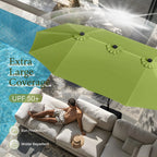 Summit Living 15 FT Double-Sided Solar Patio Umbrella with Base Large Outdoor Umbrella with LED Solar Lights - Haze Blue