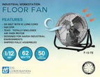 TPI 1-Phase, 120V 12" Industrial Floor Fan 1/12 HP