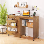 Costway Folding Sewing Table Rolling Craft Station with 3 Storage Bins & Charging Station White+natural