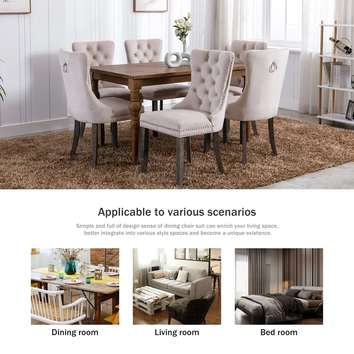 Tzicr Dining Chairs Set of 4, Velvet Upholstered Dining Chairs with Nailhead Back and Ring Pull Trim,Solid Wood Dining Chairs for Kitchen/Bedroom/Dining Room,Modern Fabric Dining Set,Beige