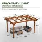 12 x 10 FT Outdoor Pergola, Wooden Pergola Gazebo with Climbing Plant Support and Waterproof, for Patio Porch Garden Backyard, Brown