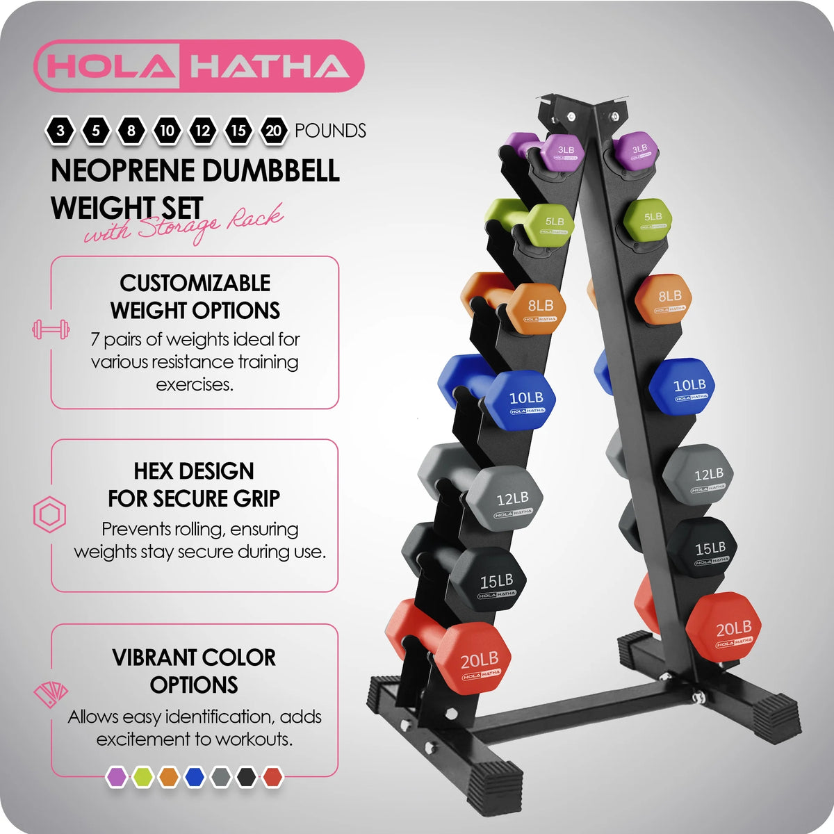 HolaHatha Neoprene Dumbbell Weight Set with Rack (Black), 112.5 lb