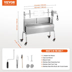 VEVOR Rotisserie Grill with Windscreen, BBQ Whole Pig Lamb Goat Charcoal Spit Grill, 46 Inch 132 Lbs Capacity, Electric 52W Motor Stainless Steel Roaster with Lockable Wheels, for Camping Outdoor