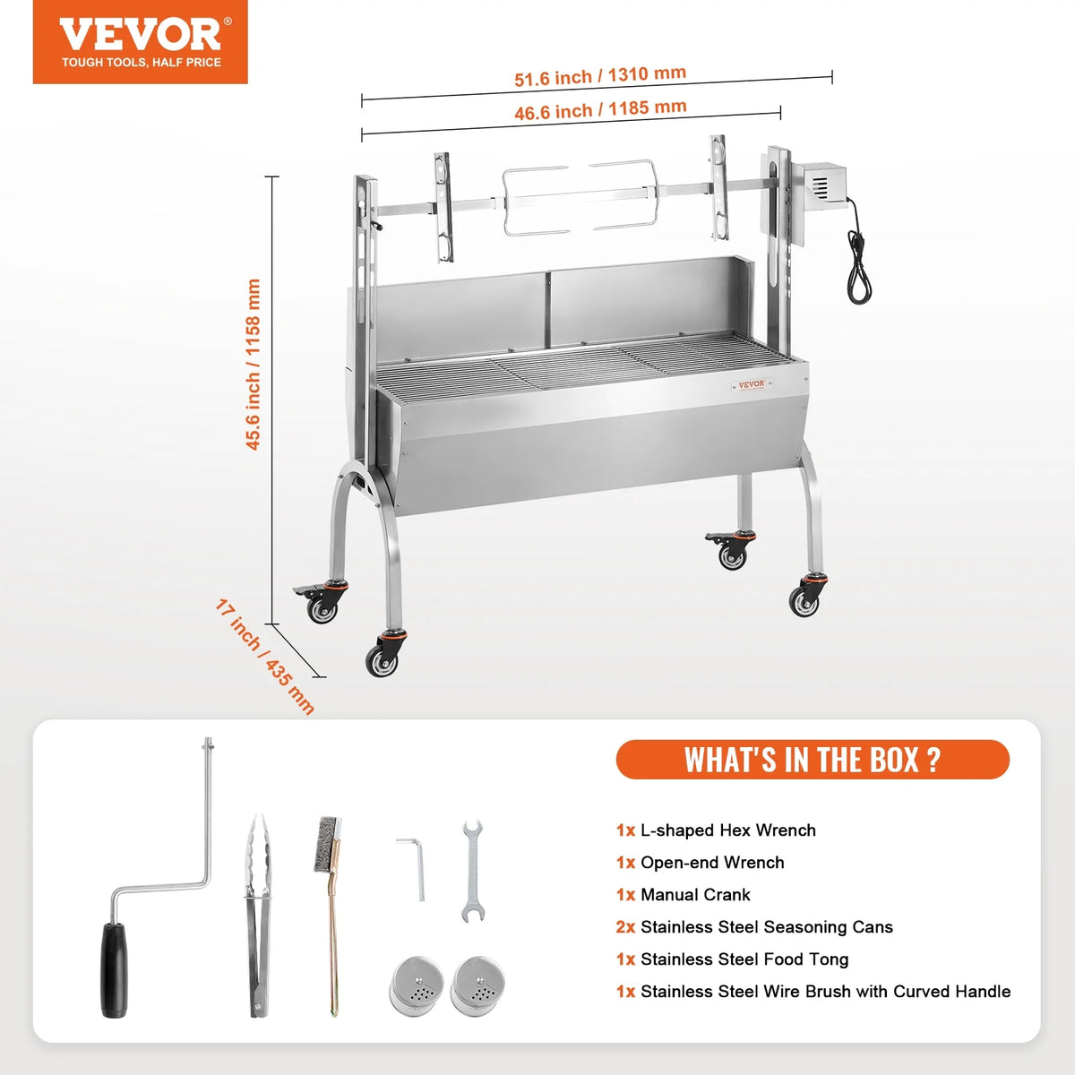 VEVOR Rotisserie Grill with Windscreen, BBQ Whole Pig Lamb Goat Charcoal Spit Grill, 46 Inch 132 Lbs Capacity, Electric 52W Motor Stainless Steel Roaster with Lockable Wheels, for Camping Outdoor