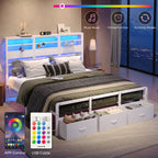 Pinmoco LED Queen Bed Frame with 49.2" High Storage Headboard and 4 Drawers, Adjustable Base Height Metal Platform Bed with Charging Station, Rustic