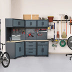 HPDMC Garage Storage Cabinet System 7-Pcs Workshop Set Metal Garage Cabinets System with Steel Cabinet Drawers, Workbench, Pegboard for Garage Tool Organization