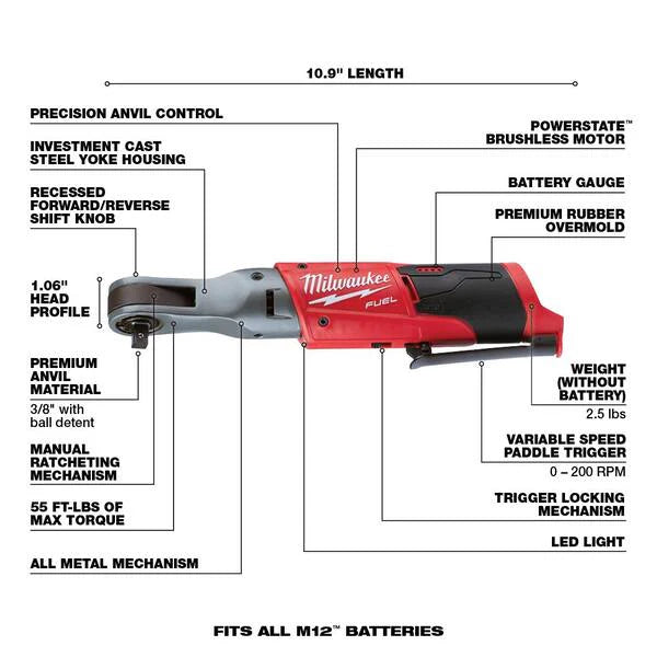 M12 FUEL 12V Lithium-Ion Brushless Cordless Stubby 3/8 in. Impact Wrench & 3/8 in. Ratchet with two 3.0 Ah Batteries