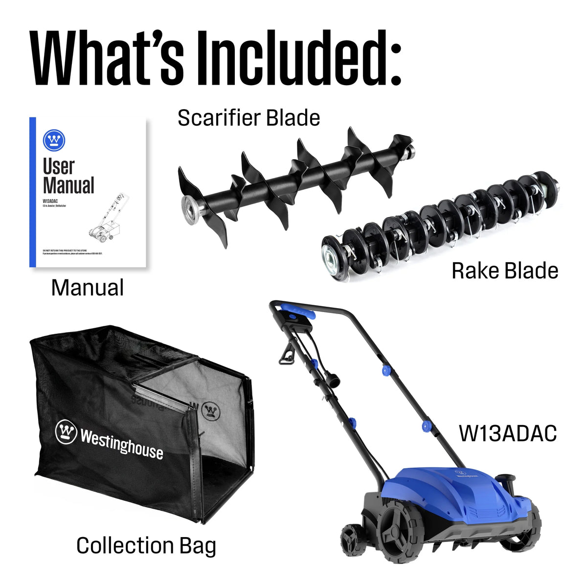 Westinghouse W13ADAC 13-Inch 12 Amp 2-in-1 Corded Electric Dethatcher and Aerator with 8 Gallon Thatch Collection Bag, 4-Position Depth Adjustment, Foldable Handle