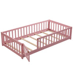 UHOMEPRO Twin Size Floor Bed with Door and Fence, Montessori Floor Bed with Slats and Safety Guardrails, Solid Wood Twin Bed Frame for Bedroom, White