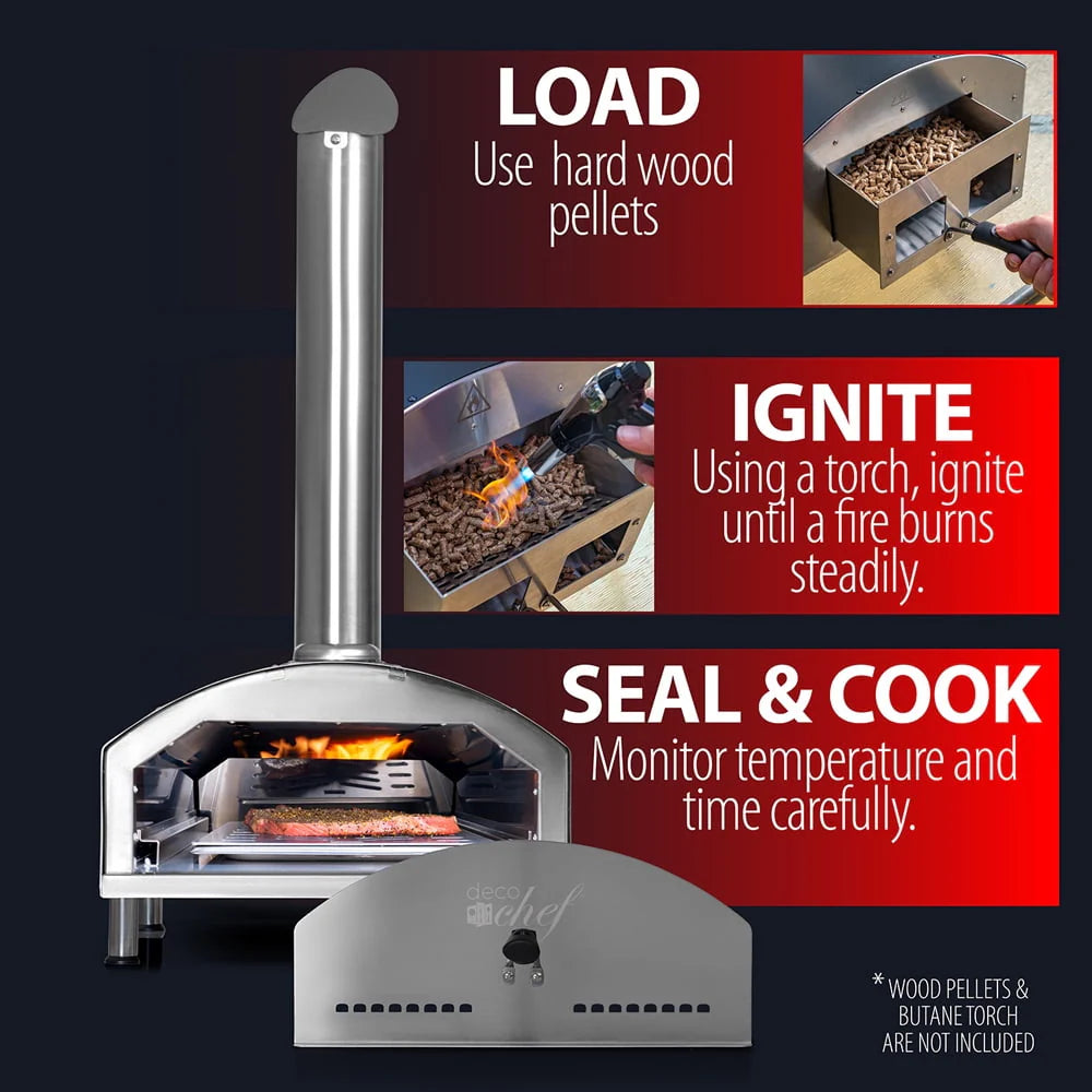 Deco Chef Outdoor Pizza Oven with 2-in-1 Pizza and Grill Oven Functionality, 13" Pizza Stone, 3-Layer Stainless Steel Construction, Pizza Peel, Dough Scraper, Scoop, Slotted Grill (Black) - (Open Box