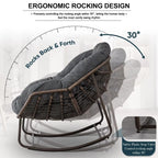 Outdoor Papasan Rocking Chair, Patio Oversized Wicker Egg Rocking Chair, Indoor & Outdoor Comfy Rocker Chair with Thick Cushion, Modern Lounge Chair for Front Porch, Garden, Backyard, Grey