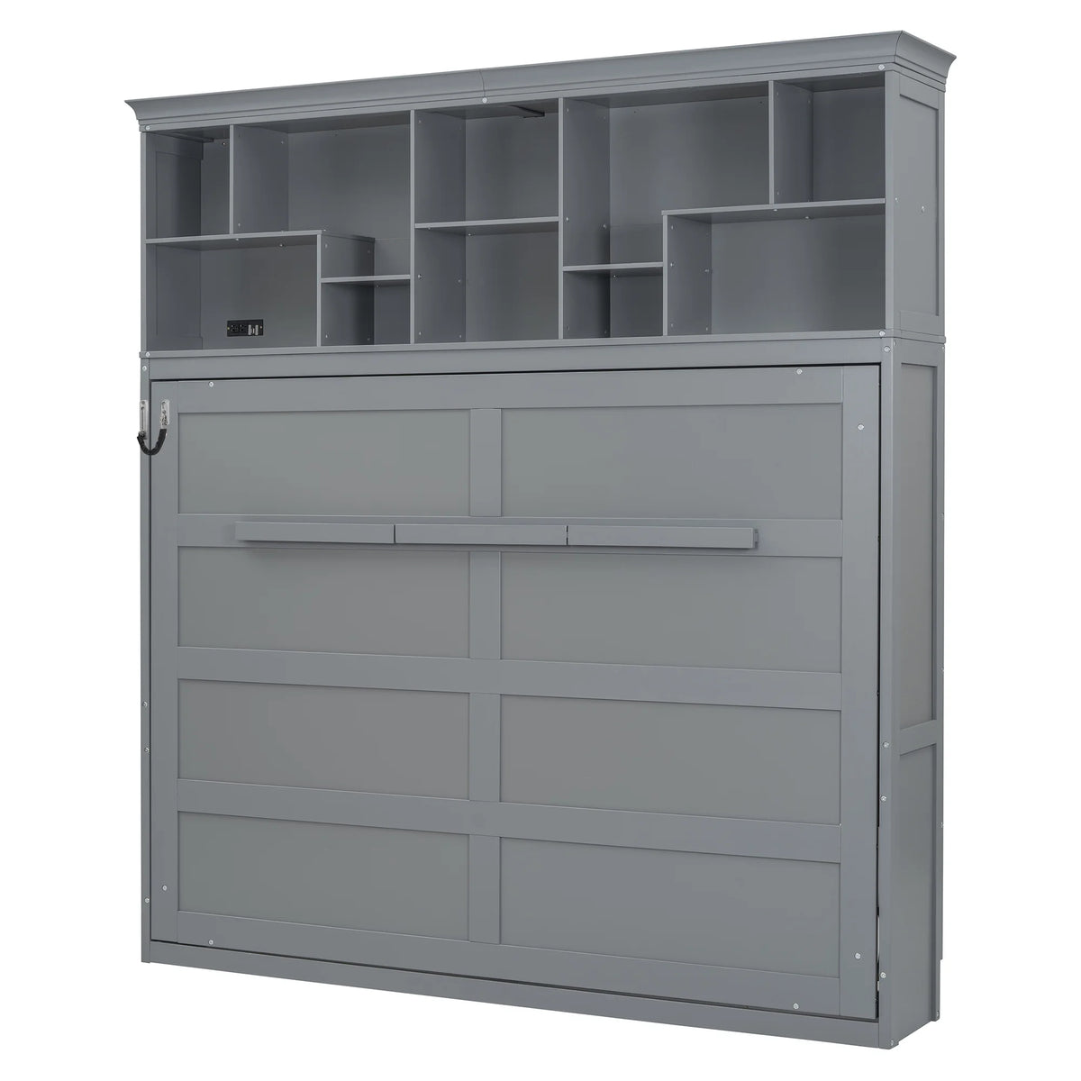Queen Size Murphy Bed Wall Bed with Top Shelves & USB Charging, Space-Saving Cabinet Bed with Flexible Slats, Gray Modern Foldable Bed