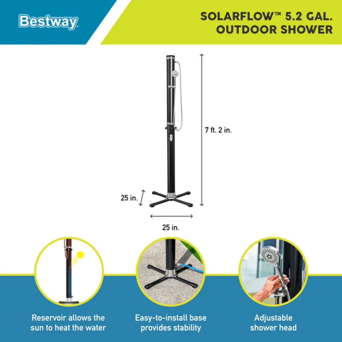 Bestway SolarFlow Outdoor Shower 2gal/8L: Oversized Shower Head and Stand, Easy Installation, & Adjustable Water Flow. Experience the ultimate convenience.