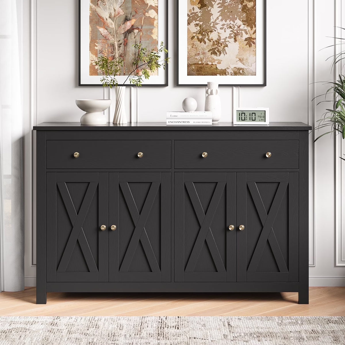 Homfa 55.1'' W Farmhouse Storage Cabinet, 4-Doors 2-Drawers Wood Sideboard with Adjustable Shelves for Kitchen Dining Room, White