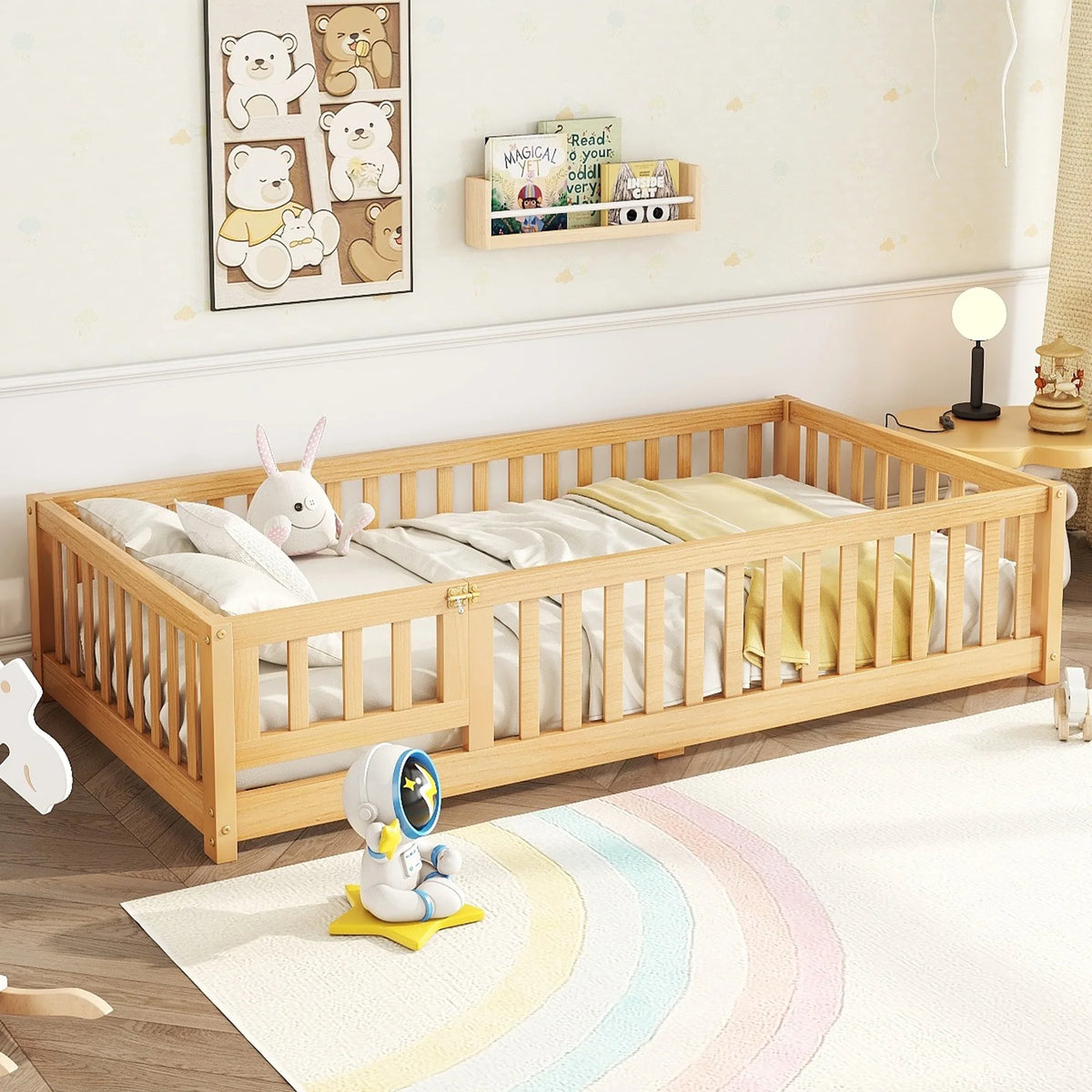 Bellemave Full Size Floor Bed with Door and Fence Floor Bed with Bed Slats Sturdy Wood Floor Bed Montessori Bed Frame (Full, Pink)