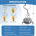 Garvee 24" Pressure Washer Surface Cleaner with Dual Handles �C Stainless Steel, 4-Wheel Design for Driveways, Sidewalks, Curbs, Decks, & Patios �C 4900 PSI, High-Efficiency Cleaning Accessory