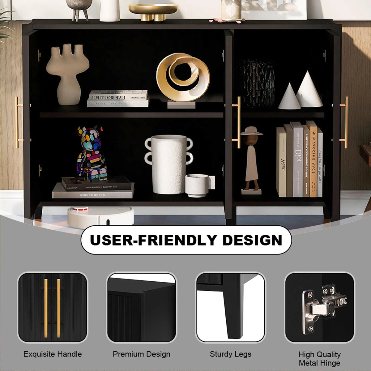 Black Accent Cabinet, Atumon Storage Cabinet Furniture, Modern Buffet Sideboard, Wooden Accent Cabinet with 3 Doors, Accent Storage Cabinet for Entryway Hallway Living Room, 48"L x 17.7"W x 31.9"H