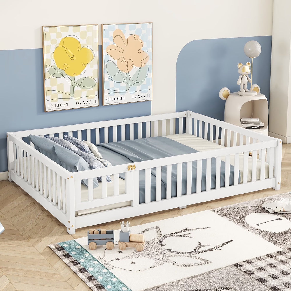 Bellemave Full Size Floor Bed with Door and Fence Floor Bed with Bed Slats Sturdy Wood Floor Bed Montessori Bed Frame (Full, Pink)