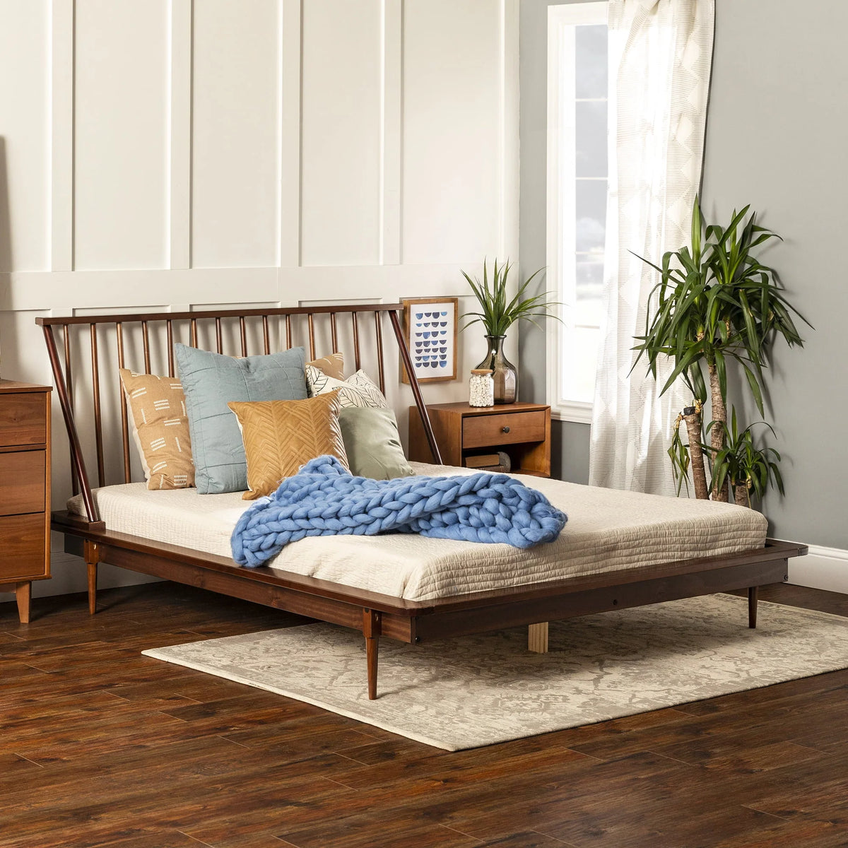 Walker Edison Modern Boho Queen Size Solid Wood Platform Bed, Walnut