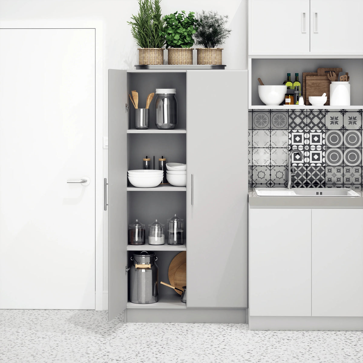 Prepac Adjustable Shelves Cabinet - Functional Tall Garage Table, 16"D x 32"W x 65"H Freestanding Garage Cabinet with 2-Doors, Light Gray - GES-3264