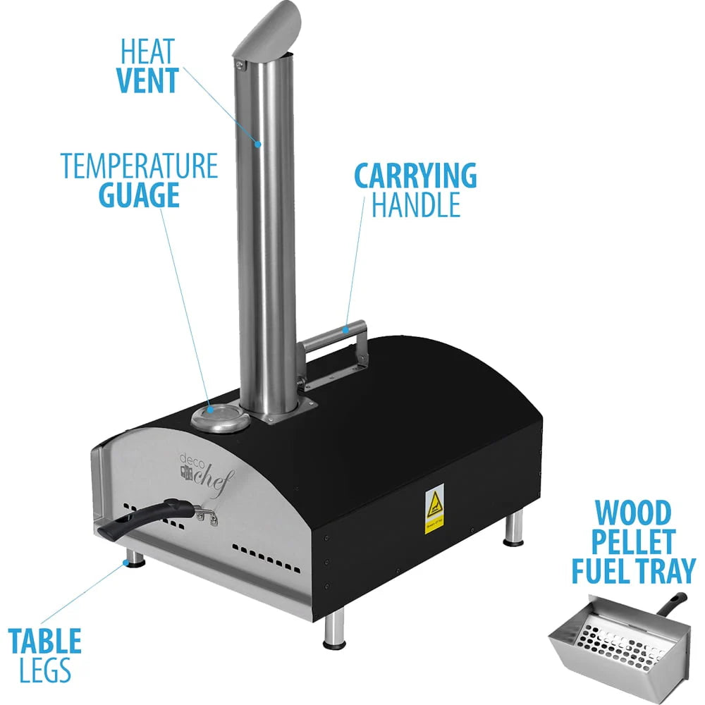 Deco Chef Outdoor Pizza Oven with 2-in-1 Pizza and Grill Oven Functionality, 13" Pizza Stone, 3-Layer Stainless Steel Construction, Pizza Peel, Dough Scraper, Scoop, Slotted Grill (Black) - (Open Box