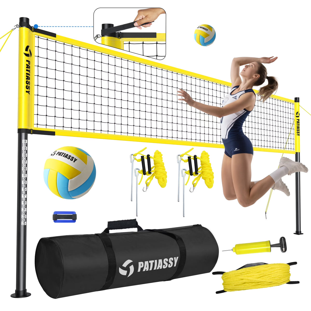 Patiassy Outdoor Portable Volleyball Net Set System for Backyard - Quick & Easy Setup Adjustable Height Steel Poles, PU Volleyball, Pump and Carrying Bag