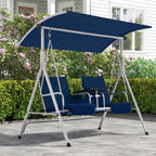 HOMREST Patio Swing with Adjustable Canopy��Heavy Duty 650 LBS Outdoor Swing with Pivot Storage Table & 4 Cup Holders & Cushions for Yard, Lawn, Backyard, Navy Blue