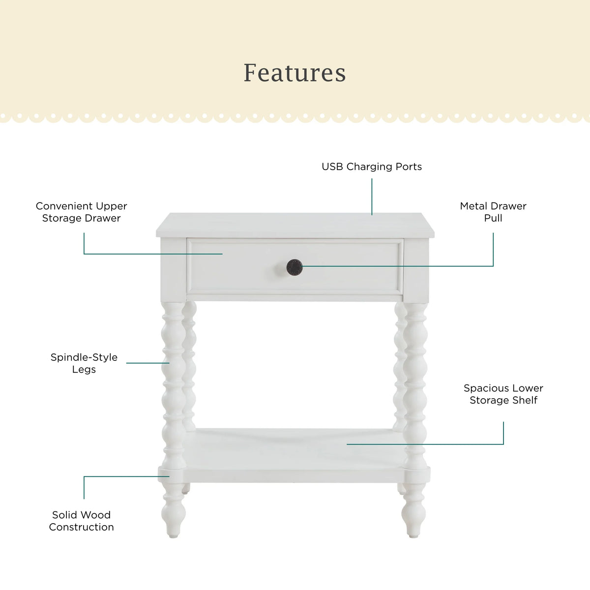 Pioneer Woman Harper Spindle Nightstand with USB Charging Ports, Adults and Teens, White Finish