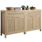 Nopurs Rattan Sideboard Buffet Cabinet Set of 2,Boho Storage Cabinet Buffet Table with Doors and Drawer,Coffee Bar Cabinet for Kitchen Entryway Living Dining Room,Light Oak