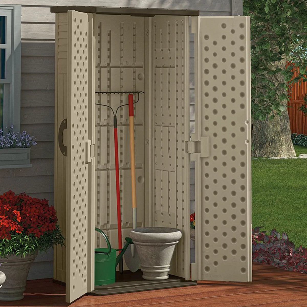 Suncast 22 Cubic Feet All-Weather Vertical Tall Outdoor Storage Shed, Brown