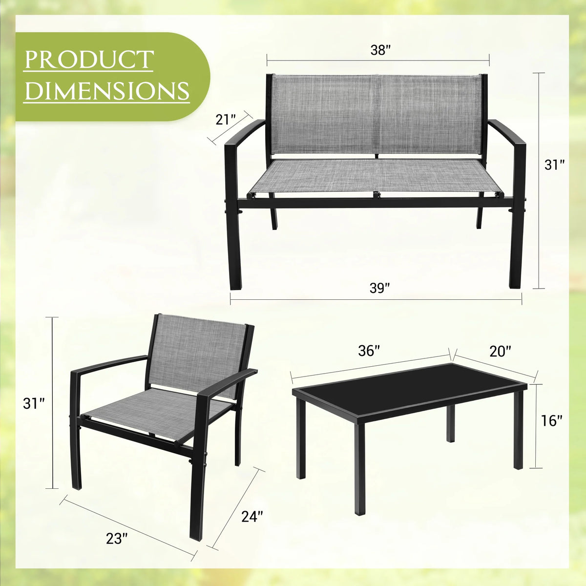 LACOO 4 Pieces Outdoor Furniture Set Patio Textilene Steel Conversation Set with Loveseat Tea Table for Lawn and Balcony, Black