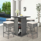 Topcobe 5 Pieces Outdoor Wicker Bar Table Set with Hidden Storage Shelves, Outdoor Patio Furniture for Garden Backyard Pool Deck-White