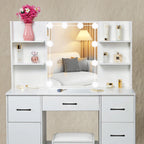 Yamissi Makeup Vanity with 3 Color Lights, Vanity Desk with Sliding Mirror, Vanity Set Makeup Table, Storage Drawers and Shelves, White
