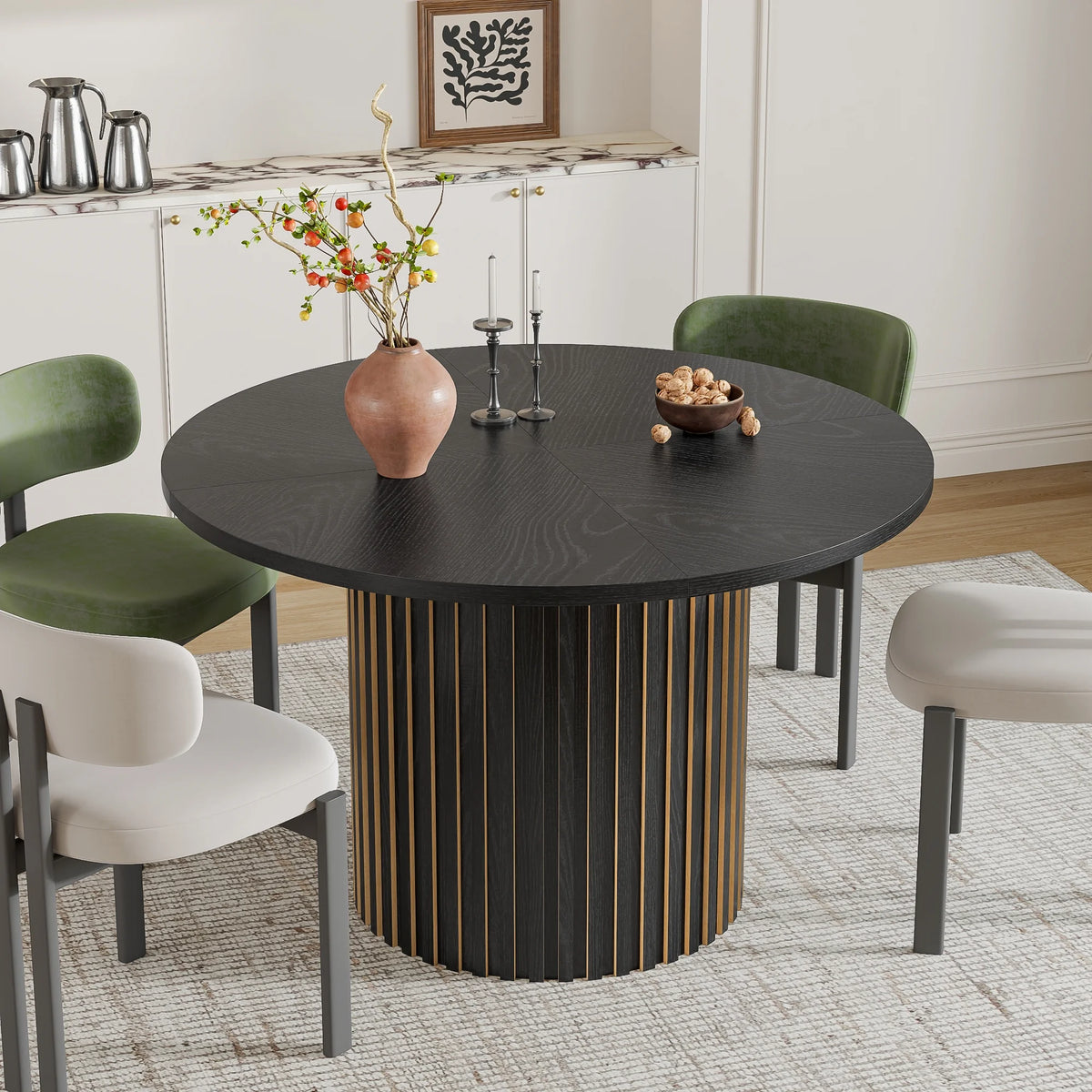 Modern Round Dining Table, 47 Inch Small Circle Kitchen Tables for 4-6, Wood Strip Base, Farmhouse Table for Kitchen, Dinning Room, Walnut