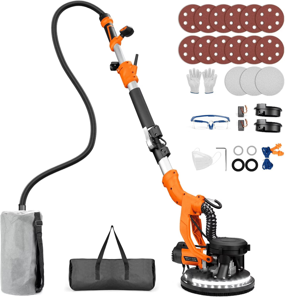 Drywall Sander, 1000W Popcorn Ceiling Removal Tool, Automatic Drywall Sander with Vacuum Dust Collection, LED Light, 6 Variable Speed 800-2200RPM,15Pcs Sanding Discs, Foldable & Extendable Handle