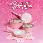 Paris Hilton 10-Piece Ceramic Nonstick Cast Aluminum Cookware Set, Clean Ceramic? Coating, Faceted Pink Design