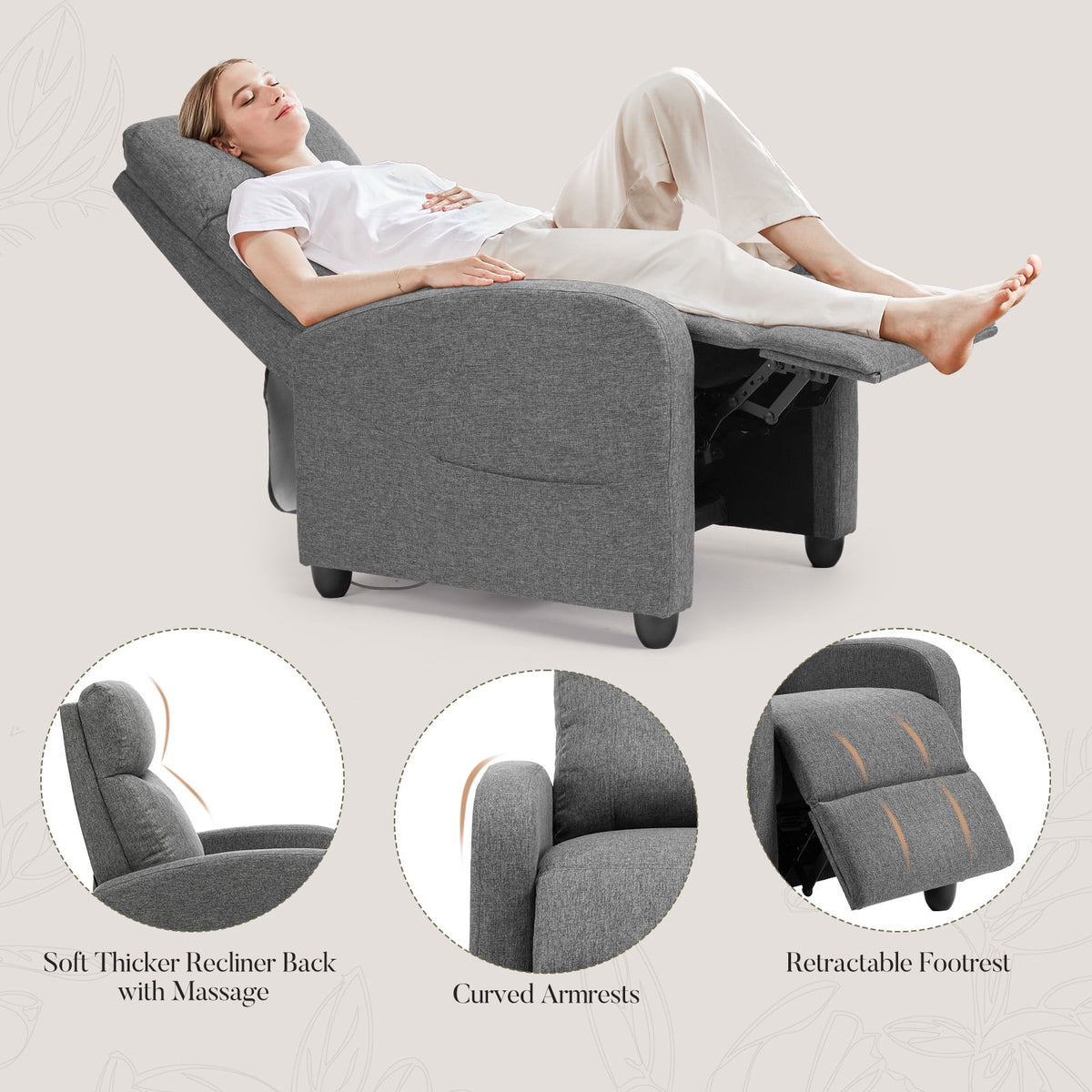 CONCETTA Massage Recline Chair with Padded Seat and Massage Backrest, Black