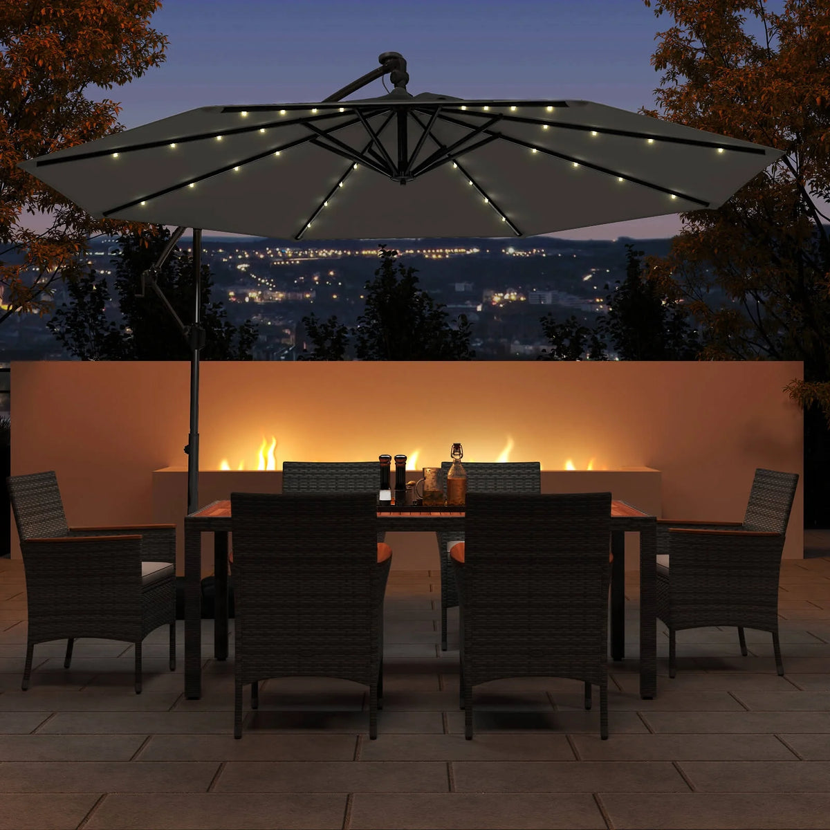 Costway 10 FT Solar Offset Hanging Umbrella Patio Cantilever Umbrella with 32 LED Lights Brown