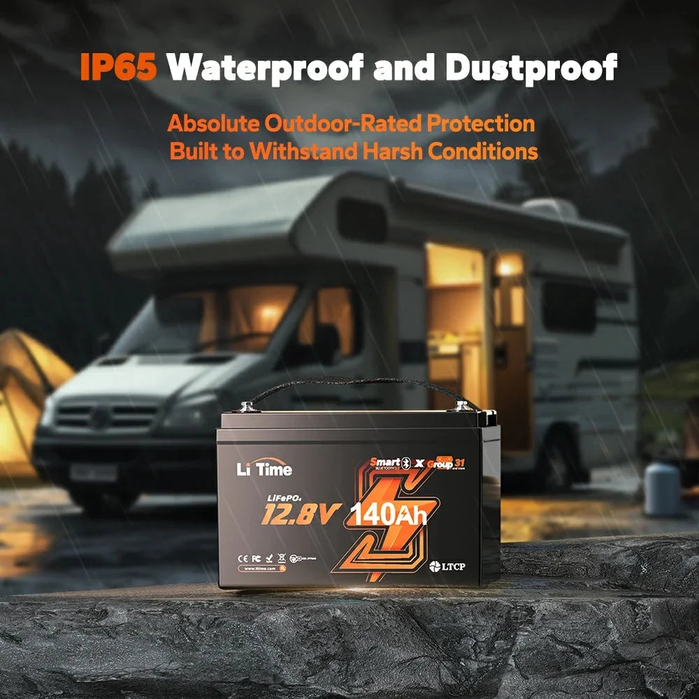 LiTime 12V 140Ah Bluetooth LiFePO4 Lithium Battery Group 31 150A BMS deep cycle for RV Travel Trailers and Trolling Motor