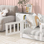 UHOMEPRO Twin Size Floor Bed with Door and Fence, Montessori Floor Bed with Slats and Safety Guardrails, Solid Wood Twin Bed Frame for Bedroom, White