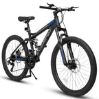 Mountain Bike 26 inch Wheels, 21-Speed Full Suspension Mens Womens Trail Commuter City Mountain Bike, Carbon Steel Frame Disc Brakes Thumb Shifter Front Fork Rear Shock Absorber Bicycles
