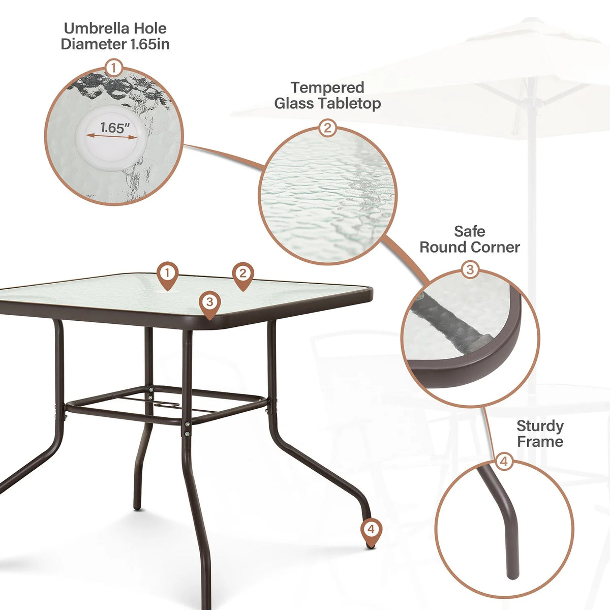 Pellebant 6 Pcs Metal & Glass Patio Dinning Set and Umbrella in Beige