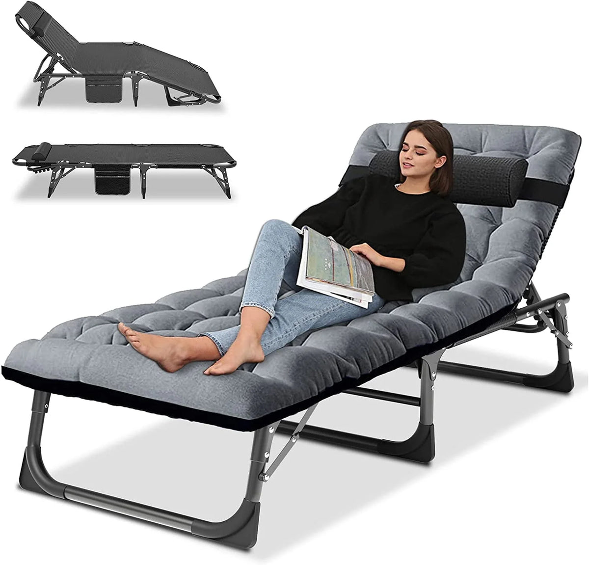 SLSY Folding Camping Cot with 2 Sided Cushion & Pillow, Adjustable 5-Position Outdoor Portable Folding Lounge Chair, Folding Sleeping Cots Bed