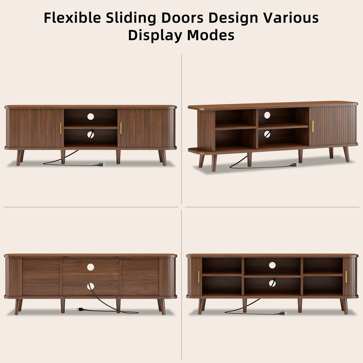 Laintene 59" TV Stand, Fluted TV Stand for TVs up to 65", Entertainment Center with Storage and Sliding Doors, Modern Media Console with Power Outlet for Living Room, Walnut