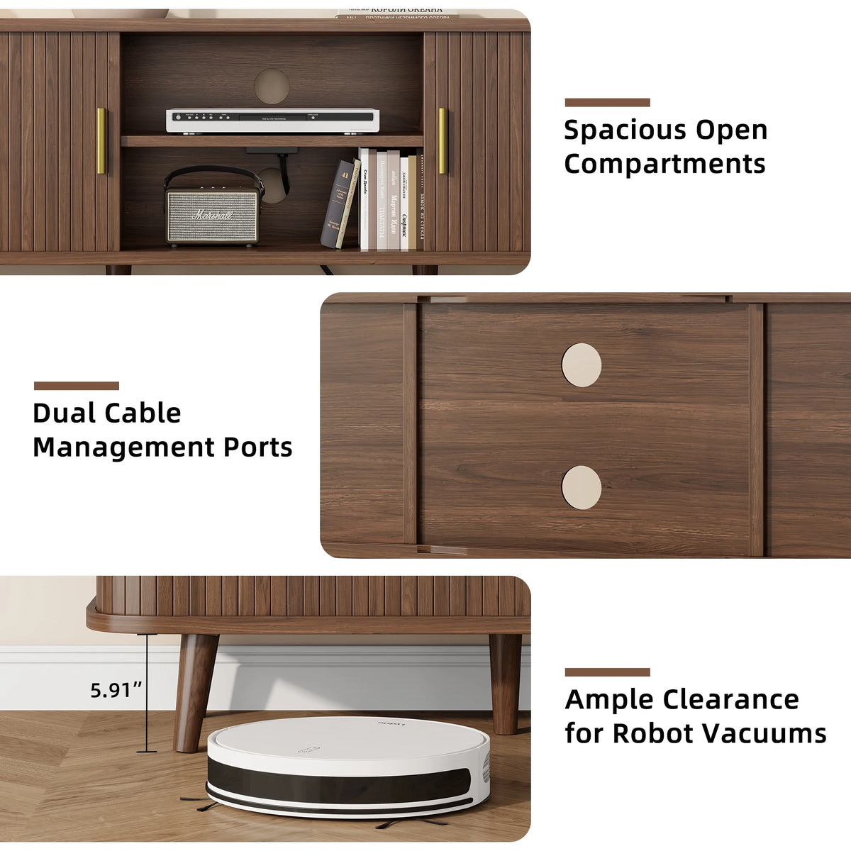 Laintene 59" TV Stand, Fluted TV Stand for TVs up to 65", Entertainment Center with Storage and Sliding Doors, Modern Media Console with Power Outlet for Living Room, Walnut
