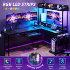 L Shaped Computer Desk with Power Outlet and LED Strip, Reversible Corner Gaming Desk with 2 Drawer and Keyboard Tray, Black