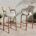 Lyric Modern 29" Outdoor Patio Bar Stools, Bar Chairs with Wood Grain Finish Frame with Hand-Woven PE Rattan Rope, Removable Cushions, Teak+Beige, Set of 2