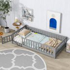UHOMEPRO Twin Size Floor Bed with Door and Fence, Montessori Floor Bed with Slats and Safety Guardrails, Solid Wood Twin Bed Frame for Bedroom, White